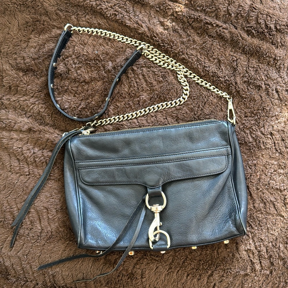 Rebecca Minkoff Black Leather Crossbody Bag with Gold Chain